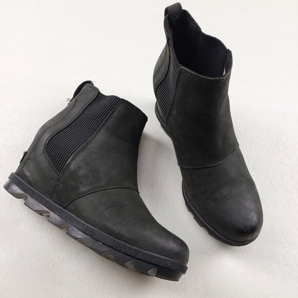 Sorel Joan of Arctic Wedge II Chelsea Boot Women 8.5 Black Leather Pull On Ankle - Picture 1 of 13